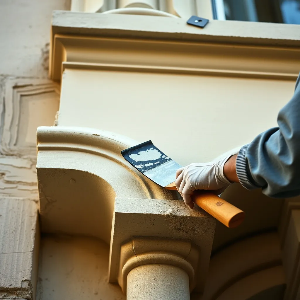 Application d'un enduit à la chaux sur une moulure de façade parisienne