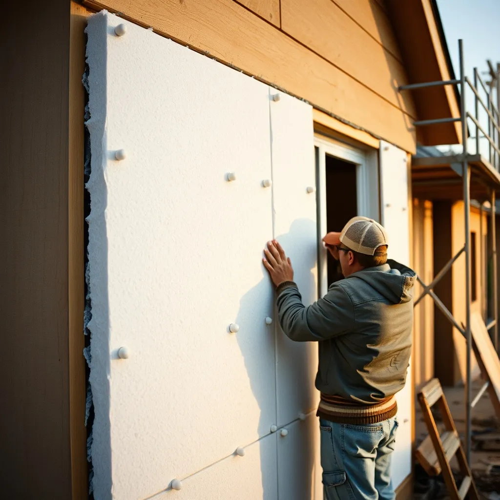 Pose de panneaux isolants en polystyrène expansé sur mur extérieur avant enduit