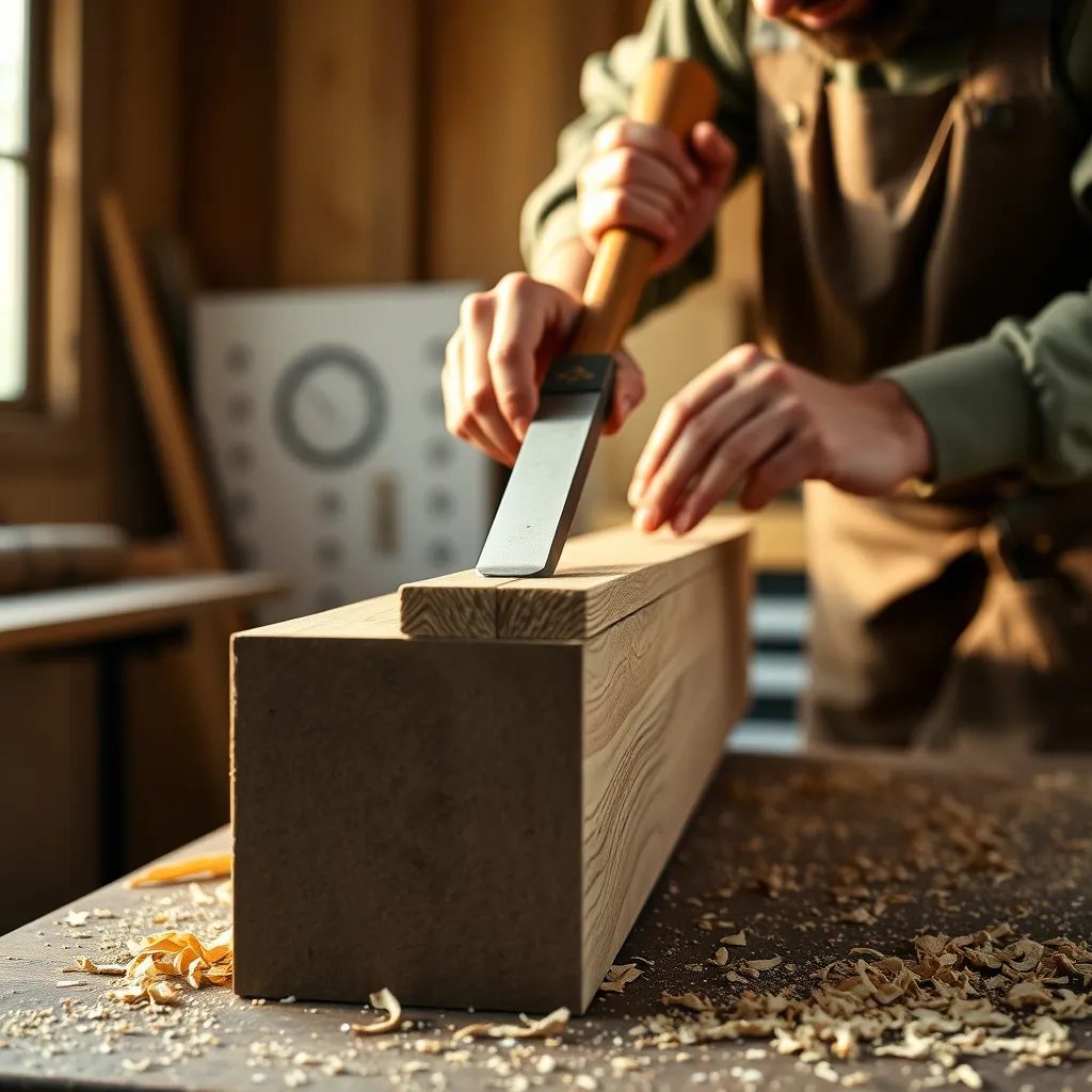Taille manuelle d'un tenon-mortaise sur une pièce de chêne en atelier de charpente