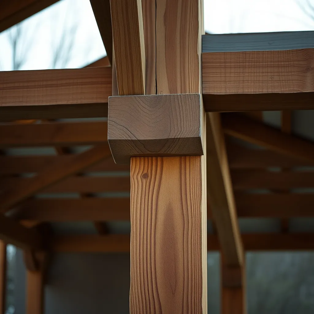 Assemblage poteau-poutre avec jambe de force chevillée sur une structure extérieure en bois