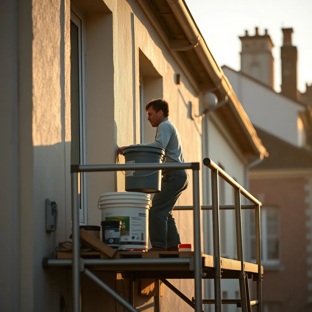 Chantier de peinture de façade démarré tôt le matin pour éviter les fortes chaleurs