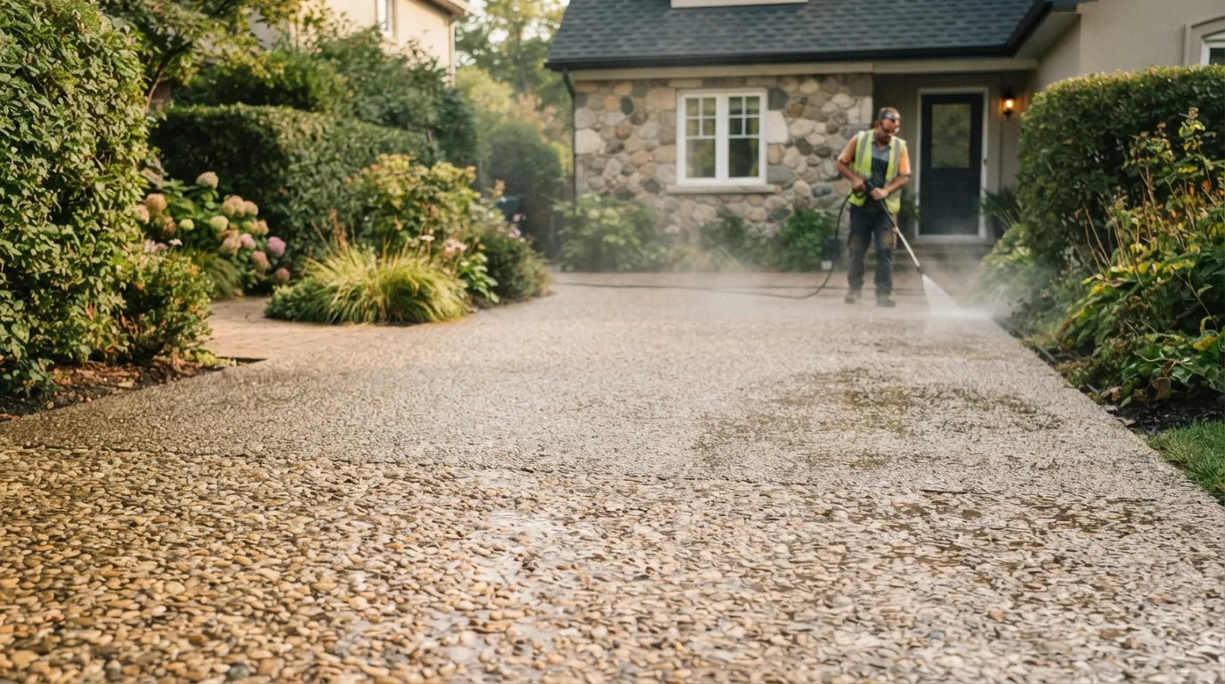 Allée en béton désactivé après lavage haute pression : les granulats roulés apparaissent en surface