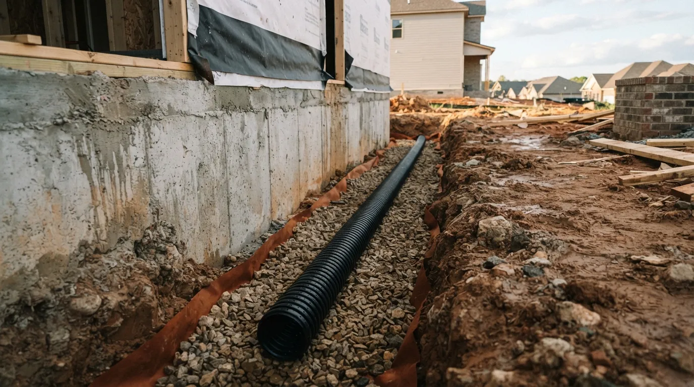 Tranchée de drainage périphérique ouverte au pied d'une fondation, avec drain annelé posé sur lit de graviers et géotextile