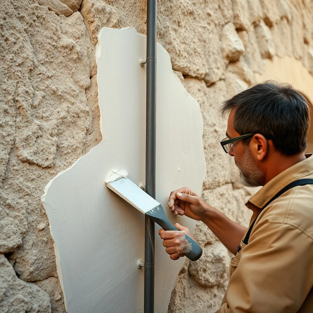 Application manuelle d'un enduit à la chaux sur un mur ancien en pierre calcaire