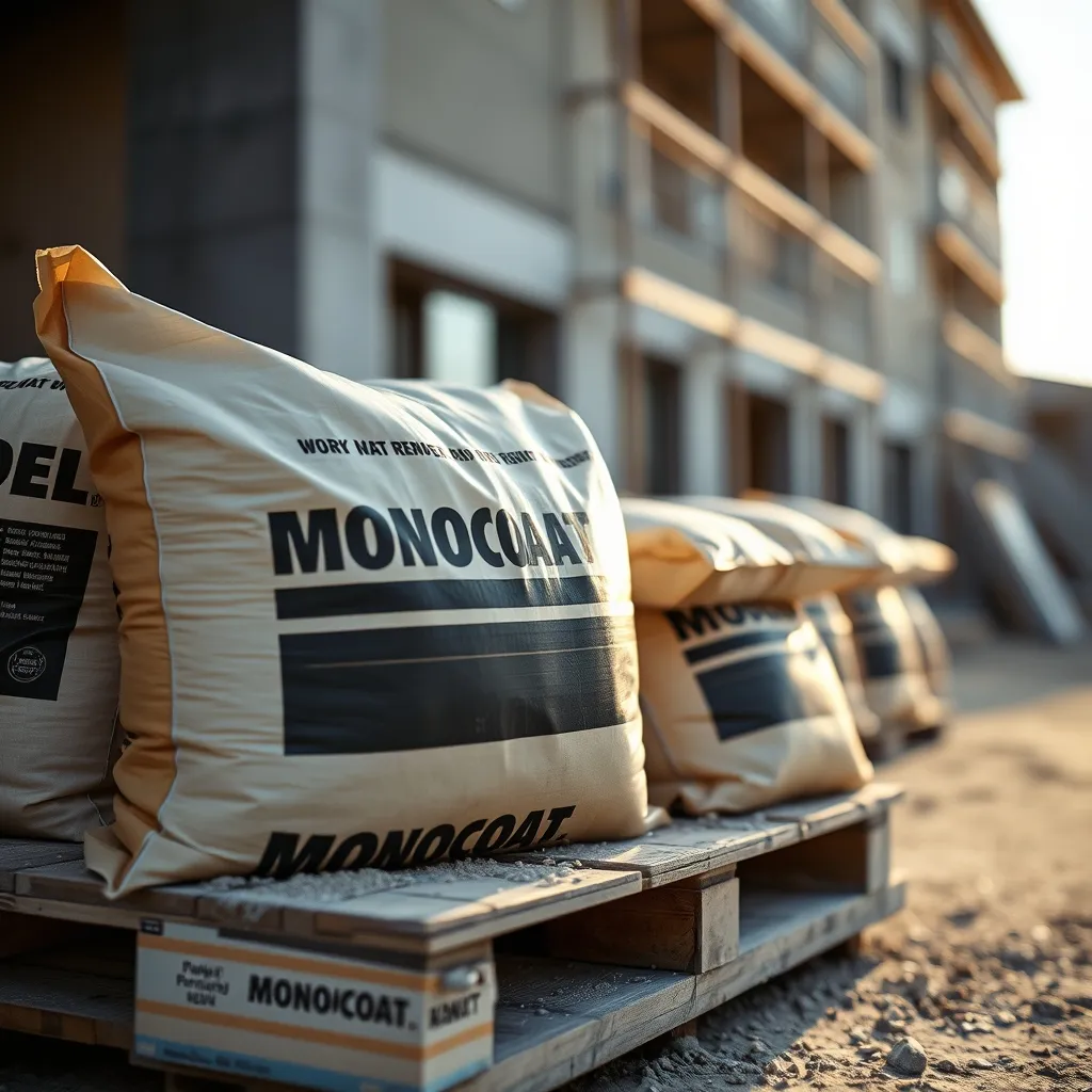 Sacs d'enduit monocouche industriel à côté des matières premières d'un enduit traditionnel