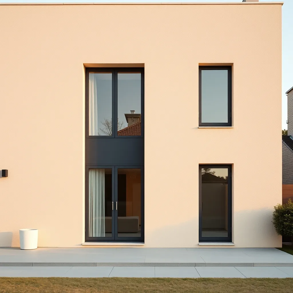 Façade en enduit taloché beige : la surface lisse et uniforme reflète la lumière de manière homogène