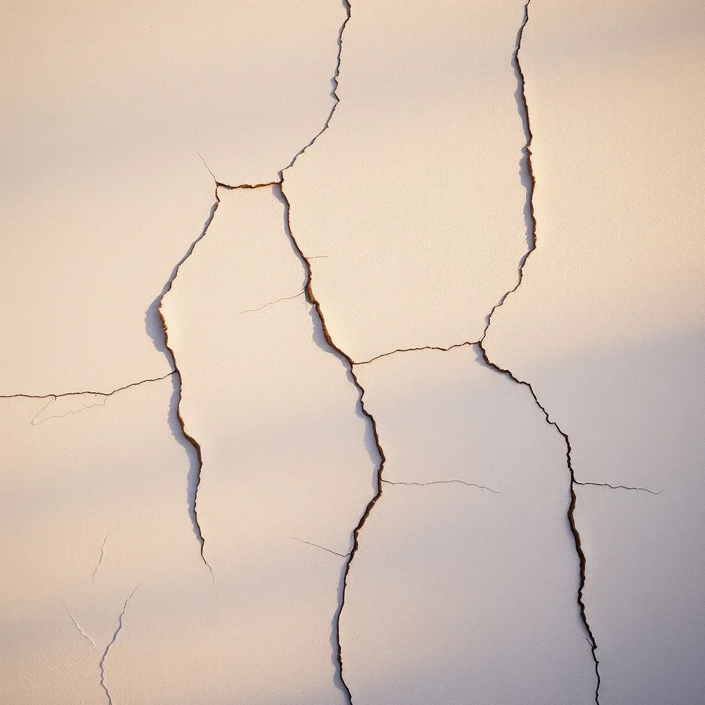 Différents types de fissures visibles sur un enduit de façade exposé au sud
