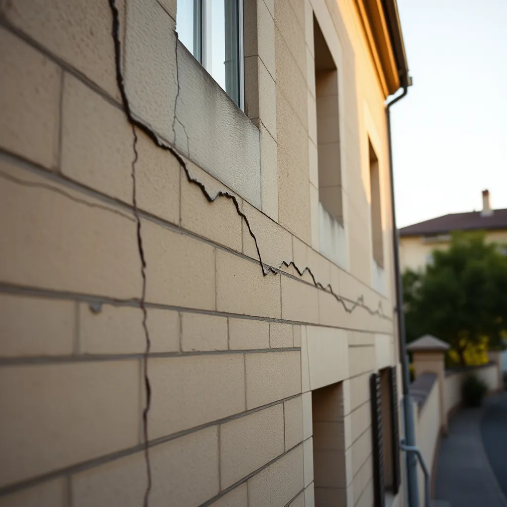 Fissure en escalier suivant les joints de maçonnerie, signe d'un tassement différentiel
