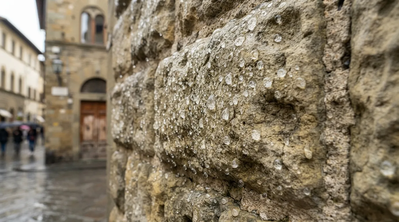 Effet perlant sur une façade en pierre après application d'un hydrofuge d'imprégnation silane-siloxane