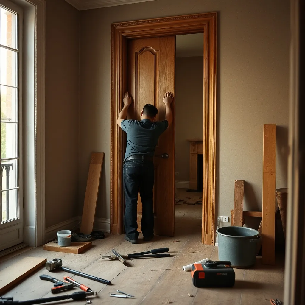 Pose d'une porte intérieure en chêne massif lors d'une rénovation d'appartement