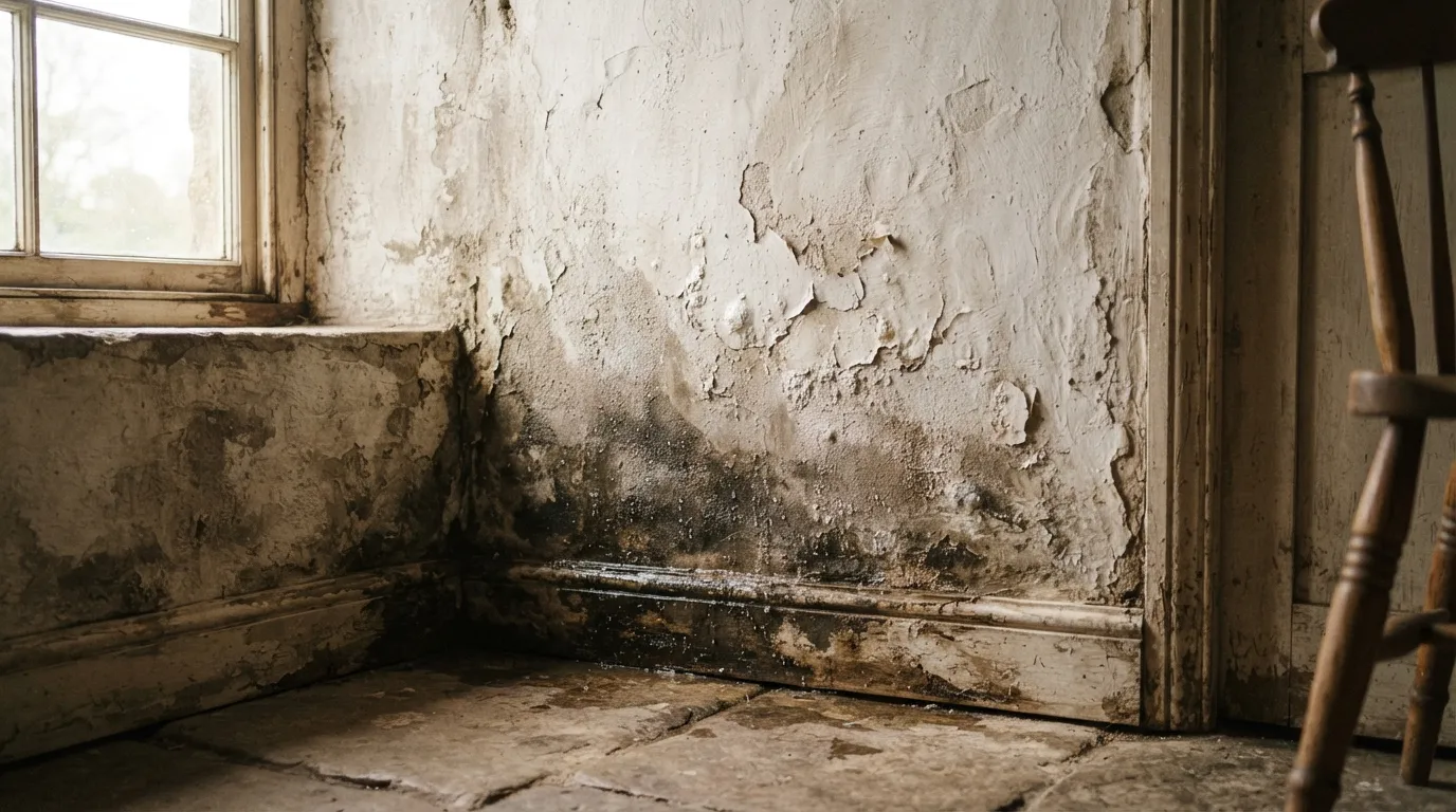 Traces d'humidité visibles sur un mur intérieur ancien : le diagnostic permet de distinguer condensation, infiltration et remontée capillaire