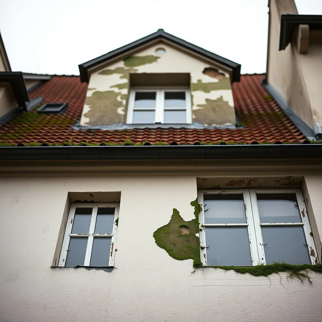 Façade dégradée présentant des fissures, des décollements d'enduit et des traces de mousse