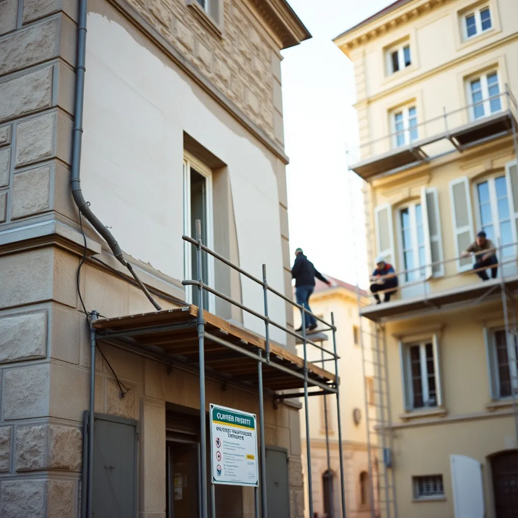 Chantier de ravalement de façade avec panneau d'affichage réglementaire visible depuis la rue