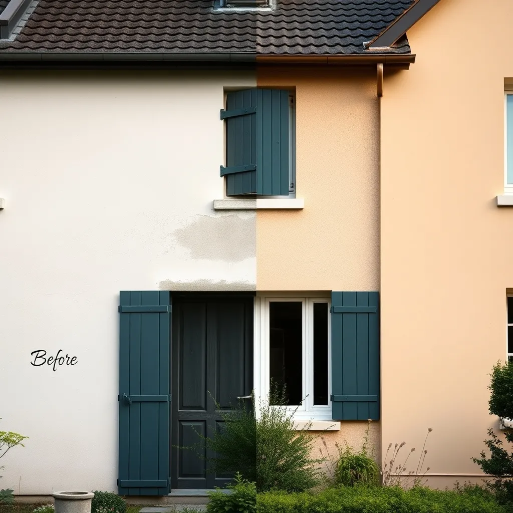 Avant et après la mise en peinture d'une façade de maison en périphérie de Toulouse