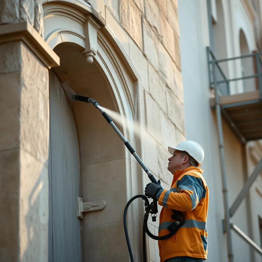 Opération de micro-gommage sur une façade en pierre de taille par un artisan qualifié