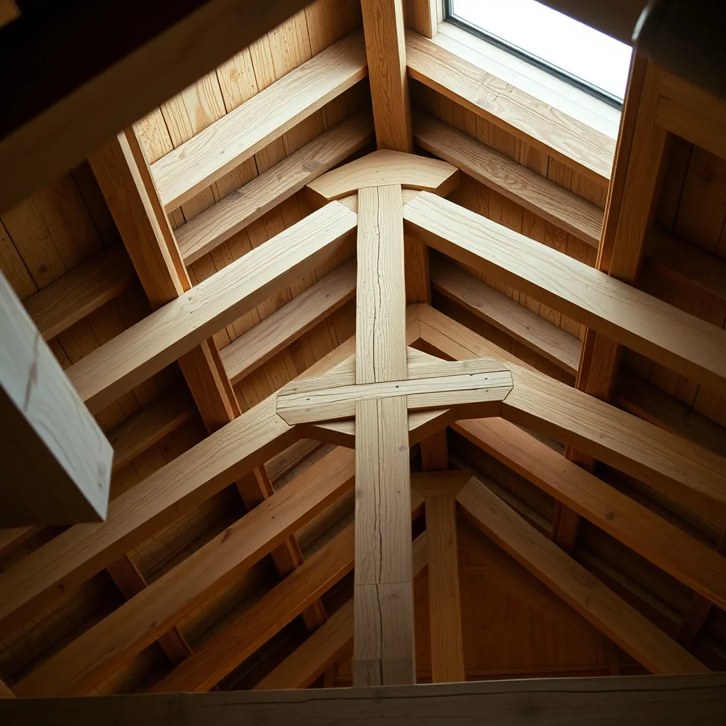 Ferme traditionnelle en chêne avec assemblages tenon-mortaise visibles sous les combles