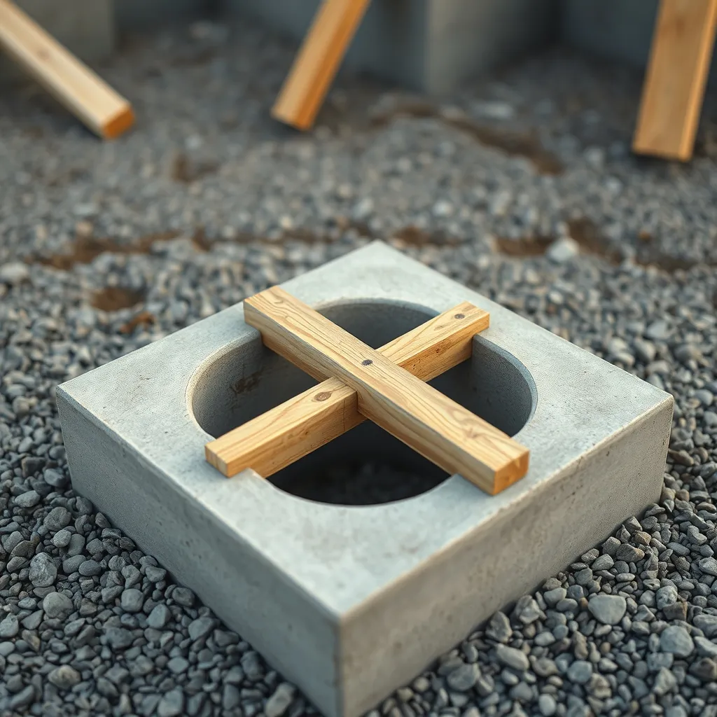 Détail d'un plot béton avec réservation en croix recevant une lambourde bois classe 4