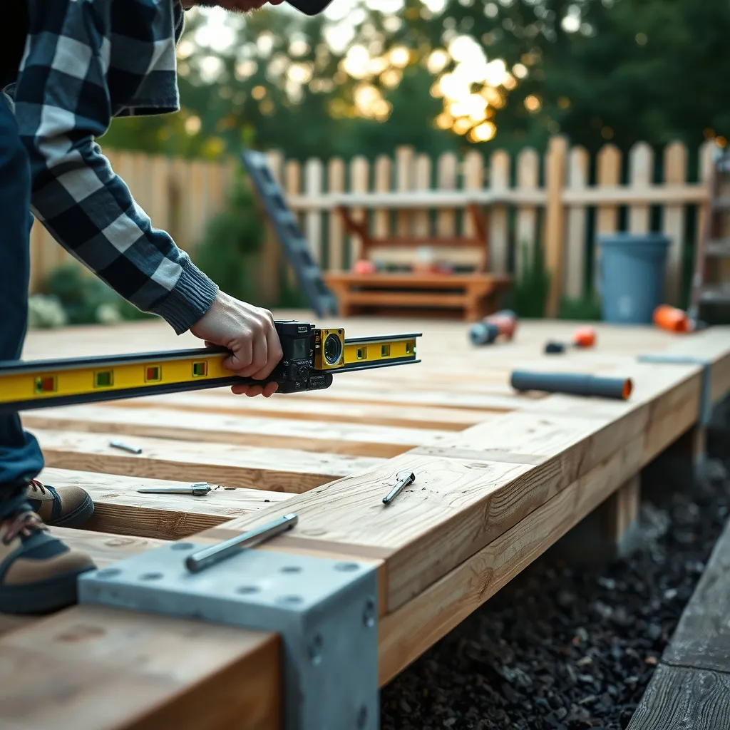 Vérification du niveau des lambourdes posées sur plots béton lors de la construction d'une terrasse bois
