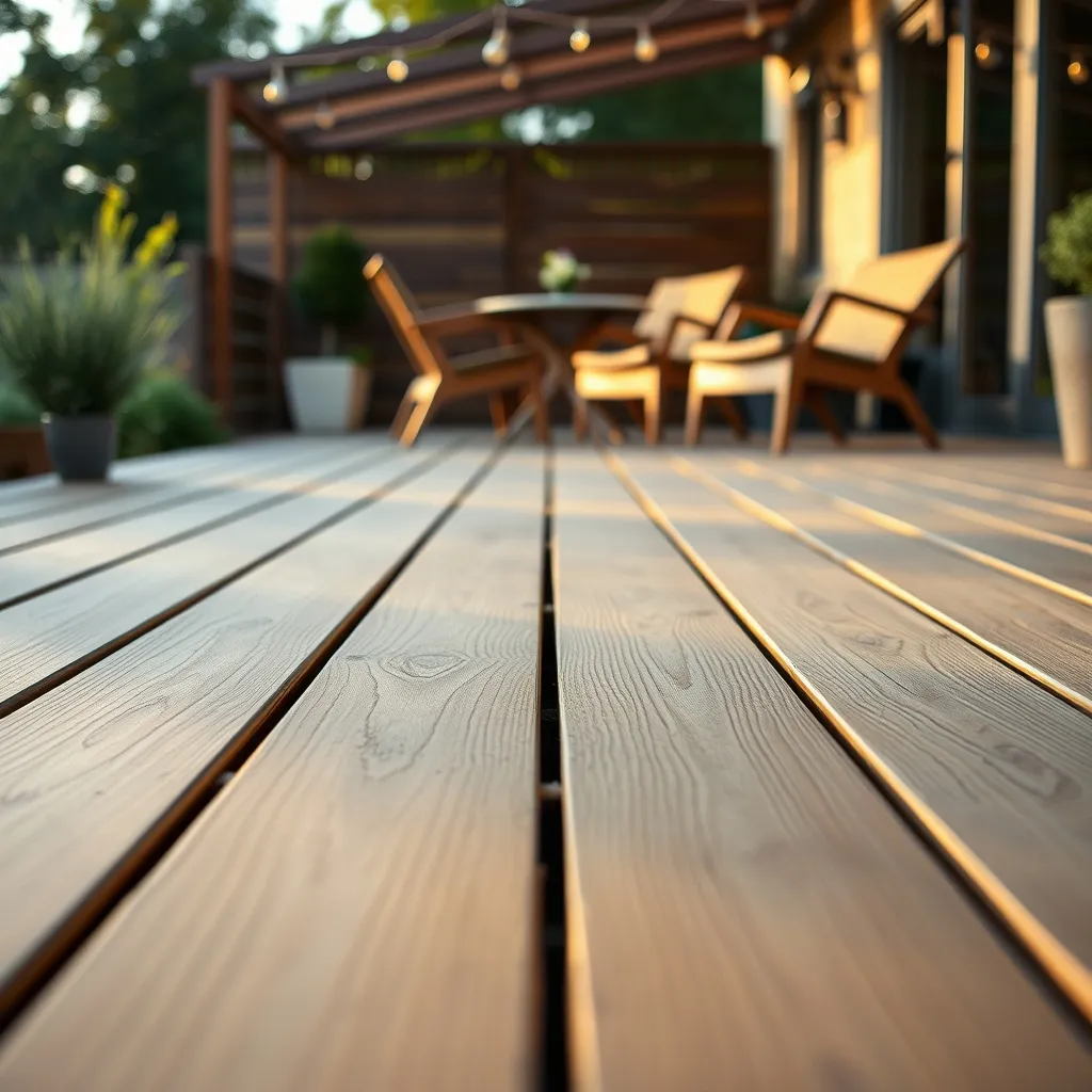 Terrasse bois terminée posée sur plots béton avec joints réguliers entre les lames