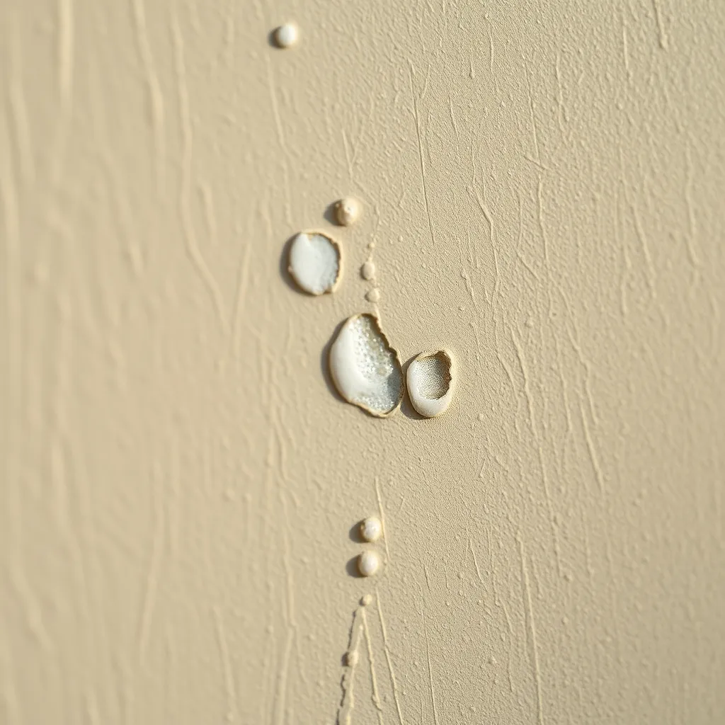 Traces caractéristiques de gouttes de pluie sur un enduit peint avant séchage complet