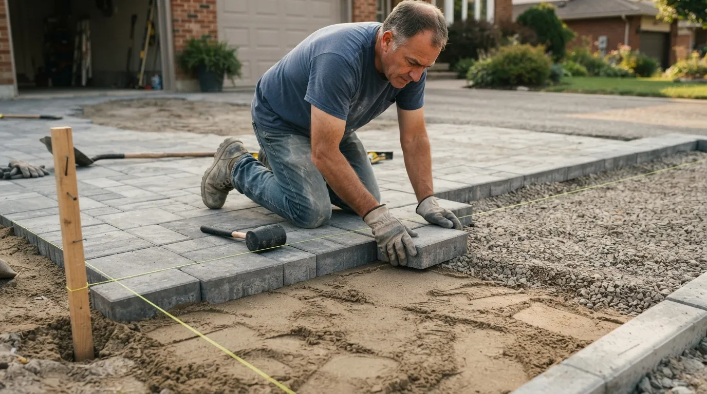 Pose de pavés autobloquants sur un lit de sable réglé à la règle, avec bordures béton scellées en périphérie
