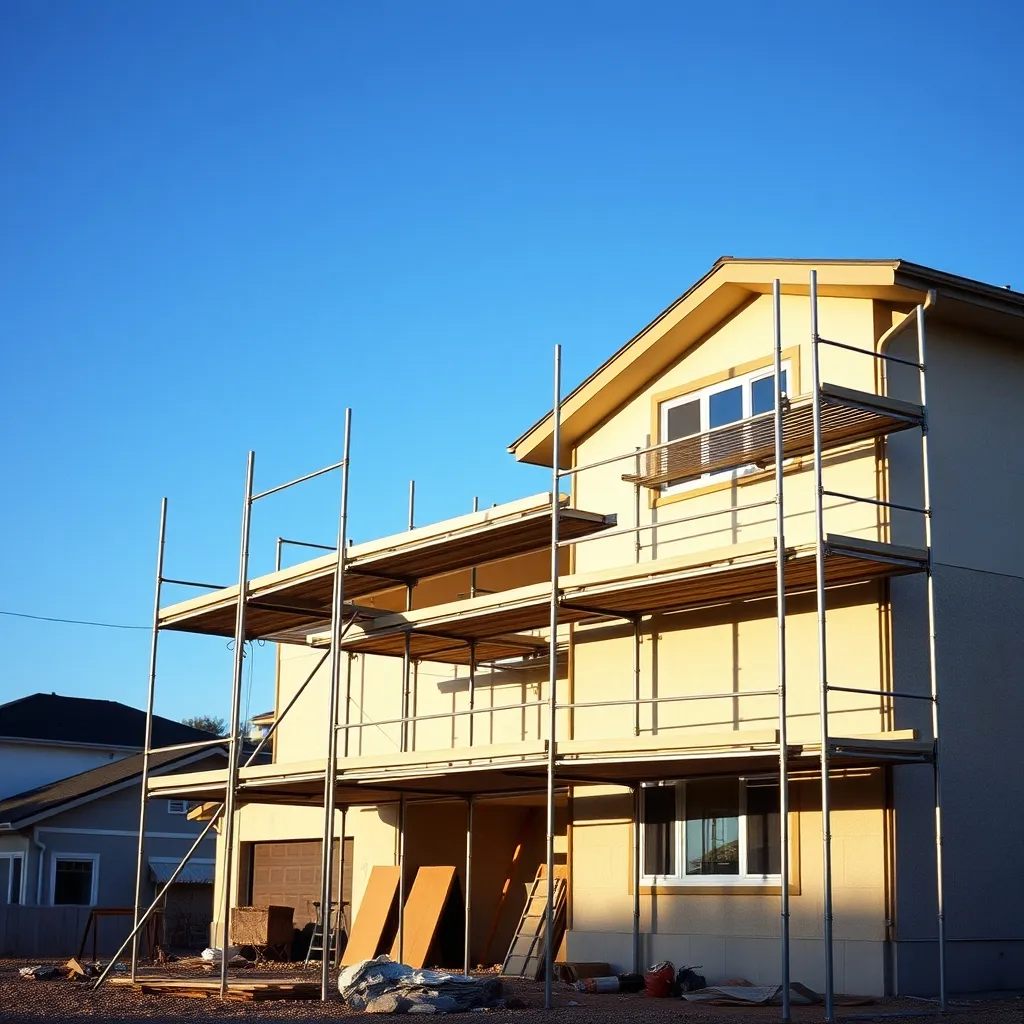 Échafaudage tubulaire monté sur une façade de maison à étage avant ravalement