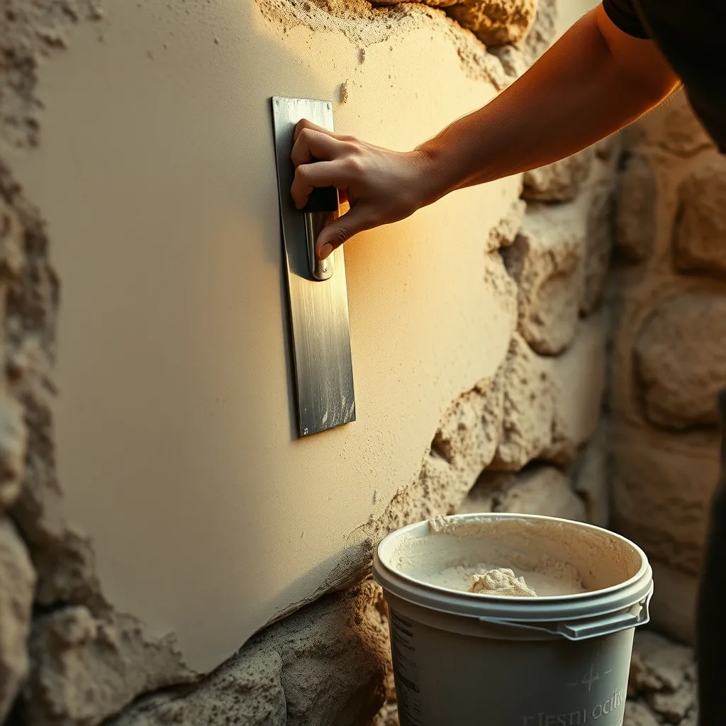 Application manuelle d'un enduit à la chaux sur un mur ancien en pierre