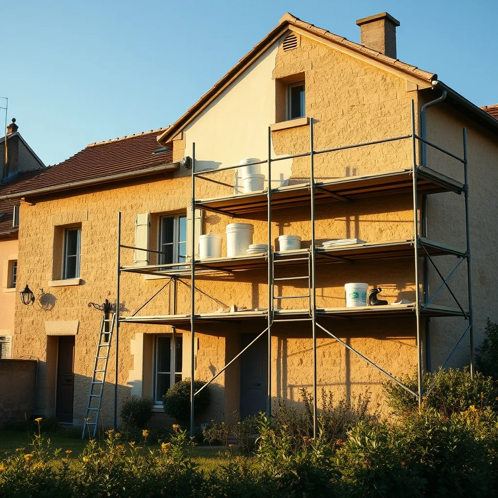 Maison individuelle en cours de ravalement avec échafaudage en place