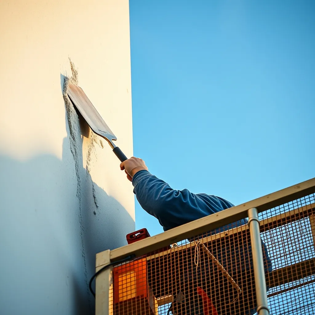 Application d'un enduit minéral lors du ravalement d'une copropriété de quatre étages