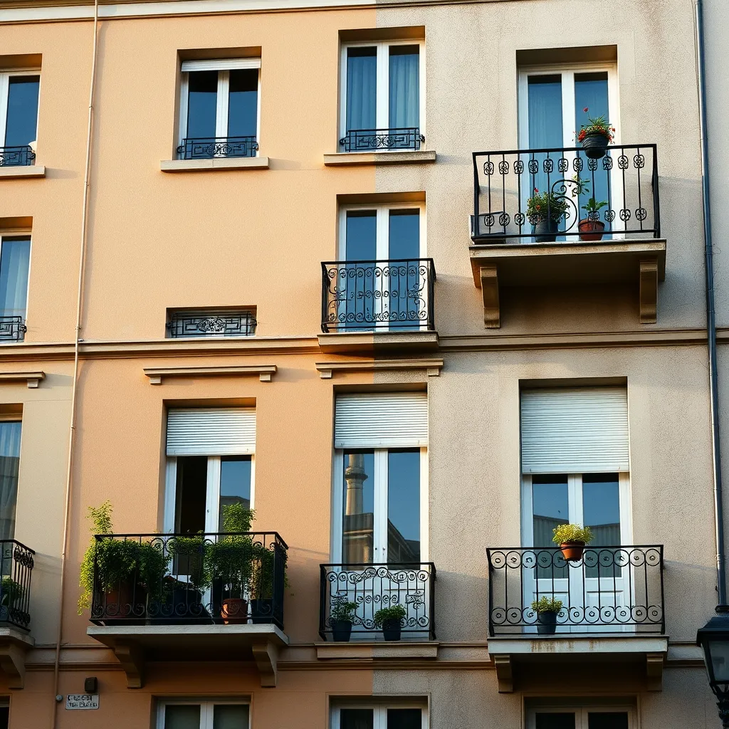 Résultat d'un ravalement complet sur un immeuble en copropriété : enduit neuf et garde-corps restaurés