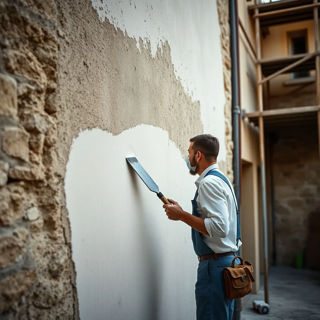 Application d'un enduit à la chaux sur un mur en pierre après dépose complète de l'ancien revêtement