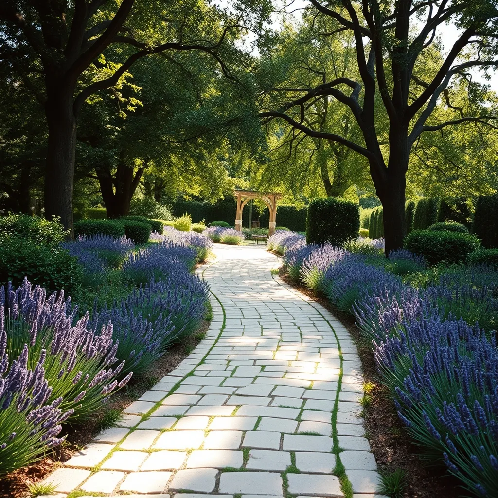 Allée de jardin en pavé de pierre naturelle bordée de lavande dans un jardin du Maine-et-Loire
