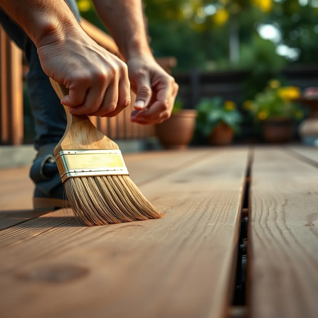 Application d'un saturateur au pinceau large pour protéger et nourrir le bois de terrasse extérieure
