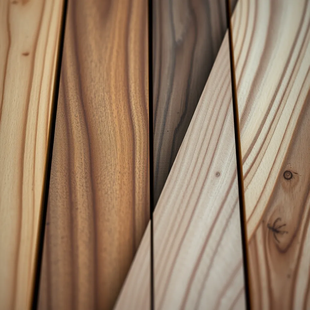 Comparatif visuel des principales essences de bois pour terrasse en kit : pin, douglas, ipé et frêne thermotraité