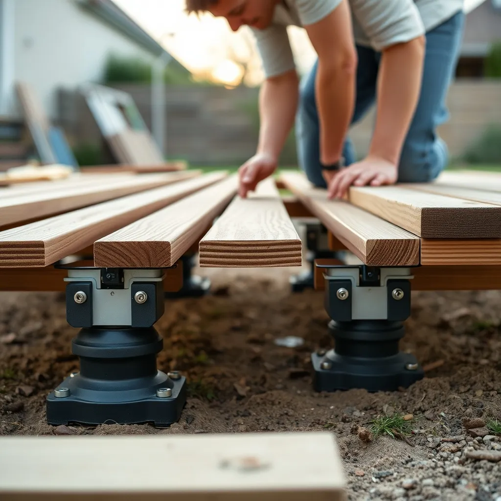Pose d'un kit terrasse bois sur plots réglables : la structure en lambourdes est visible avant la fixation des dernières lames