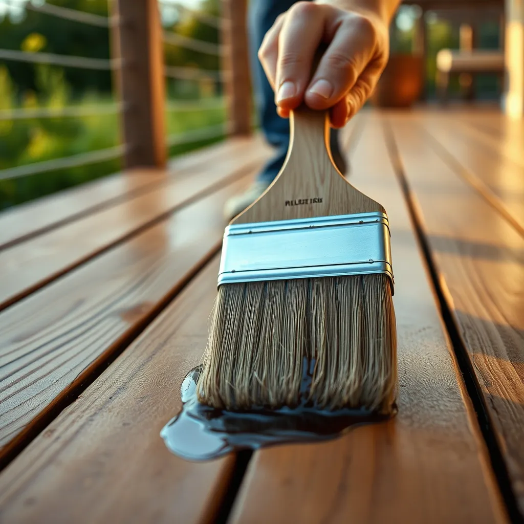 Application d'un saturateur sur les lames de terrasse en bois pour prolonger leur durée de vie et prévenir le grisaillement