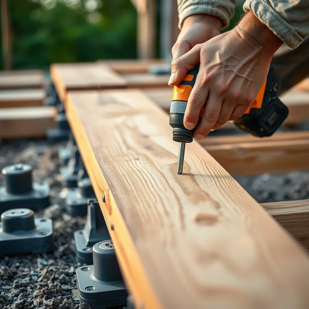 Pose de lames de terrasse bois sur lambourdes et plots réglables avec visserie inox