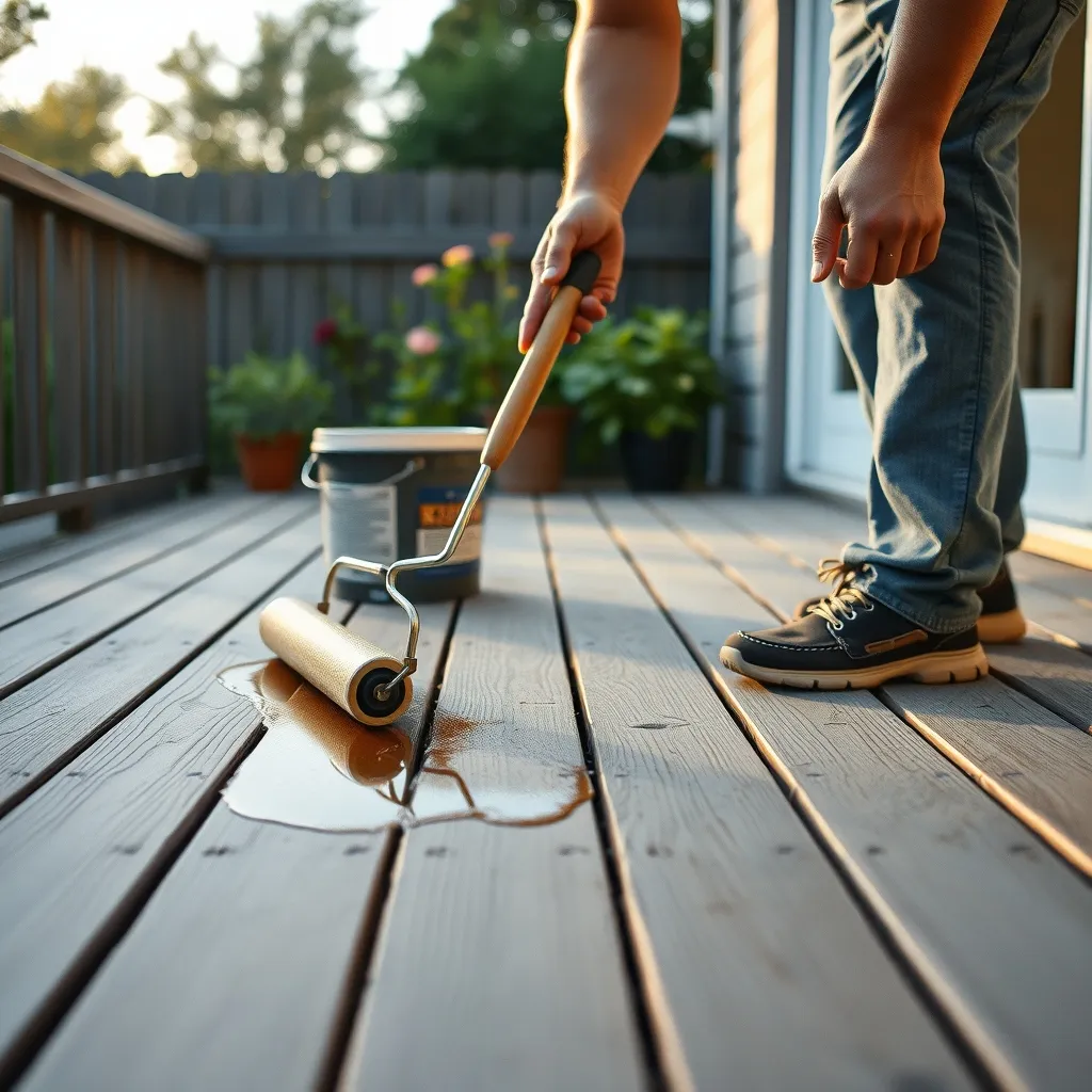 Application d'un saturateur sur un plancher terrasse bois grisé pour lui redonner sa teinte d'origine