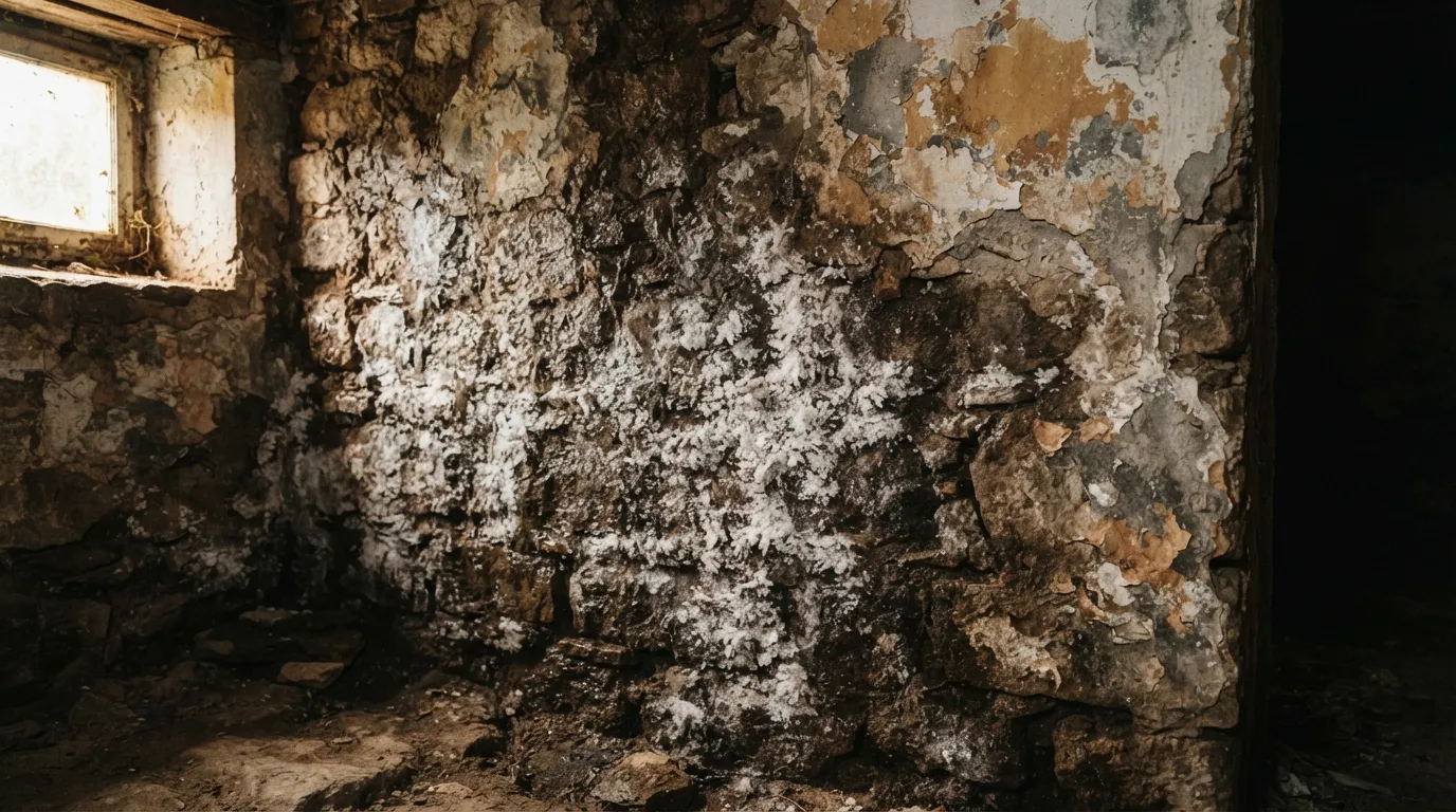 Dépôt de salpêtre sur un mur en pierre de cave : les cristaux blancs signalent une remontée capillaire active
