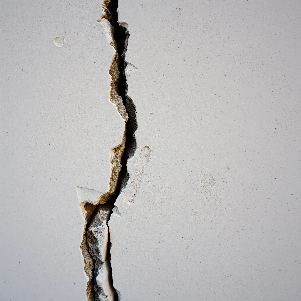 Fissure en escalier typique suivant les joints de mortier sur un mur en parpaings enduit