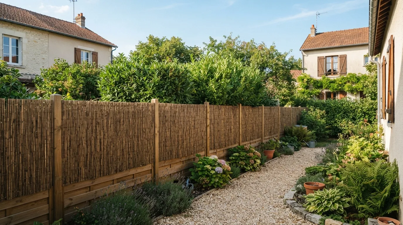 Brise-vue en canisse posé sur un grillage en limite séparative entre deux jardins pavillonnaires